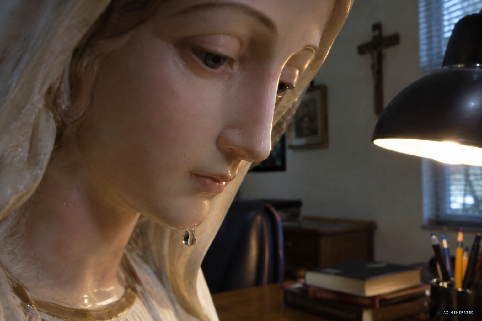 A bead forms under the alabaster-pink chin and swells