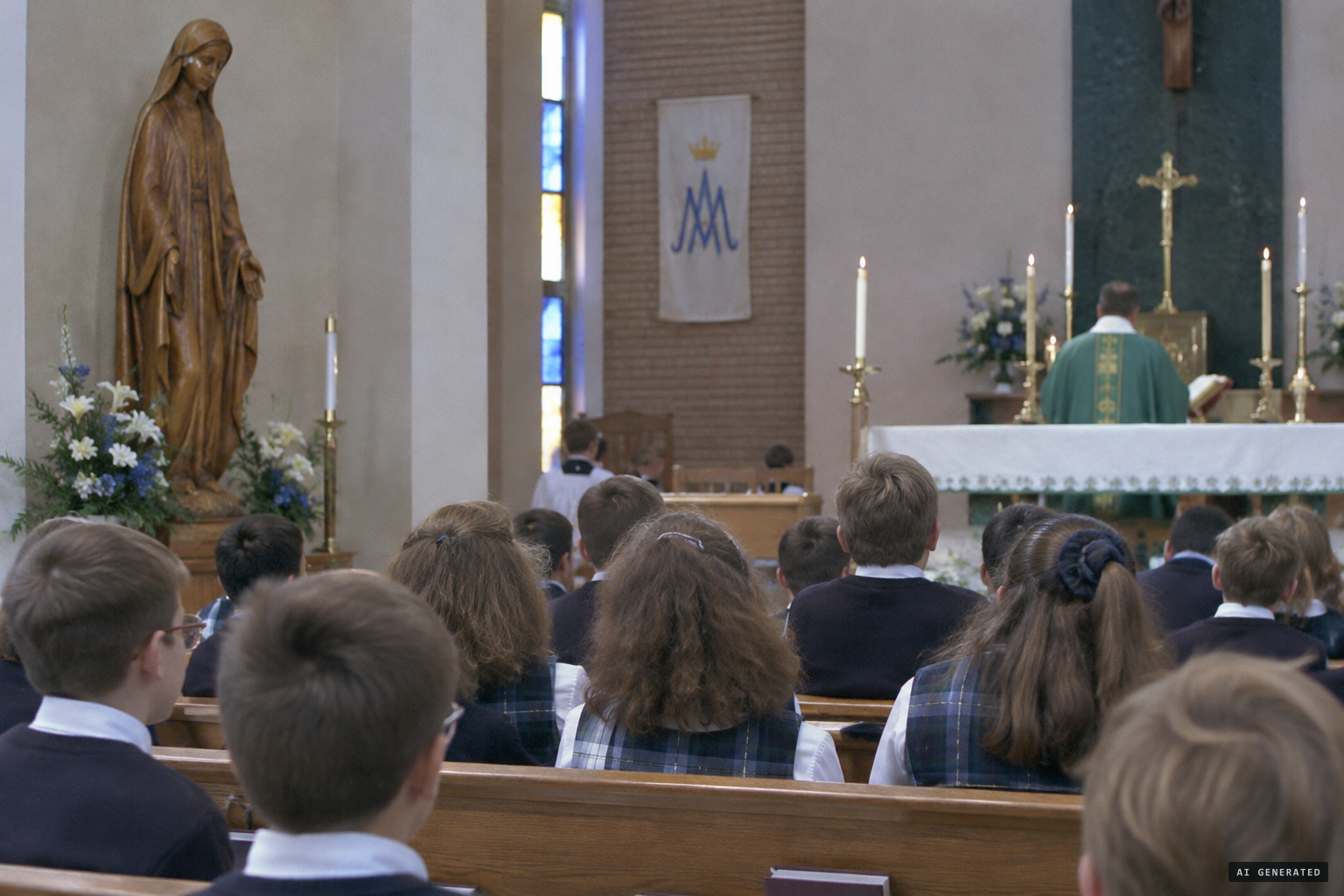 Water appears on a wooden statue of Mary during a Mass for schoolchildren