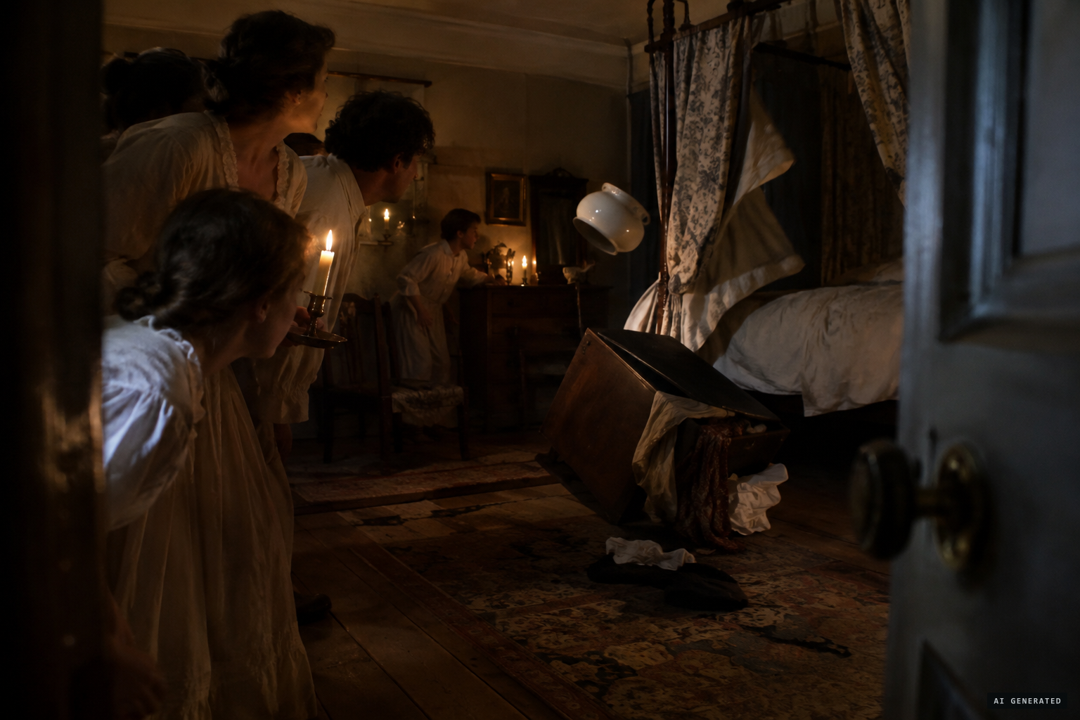 Knocks answer in code as furniture moves, chamber pots are thrown and a clothes box overturns