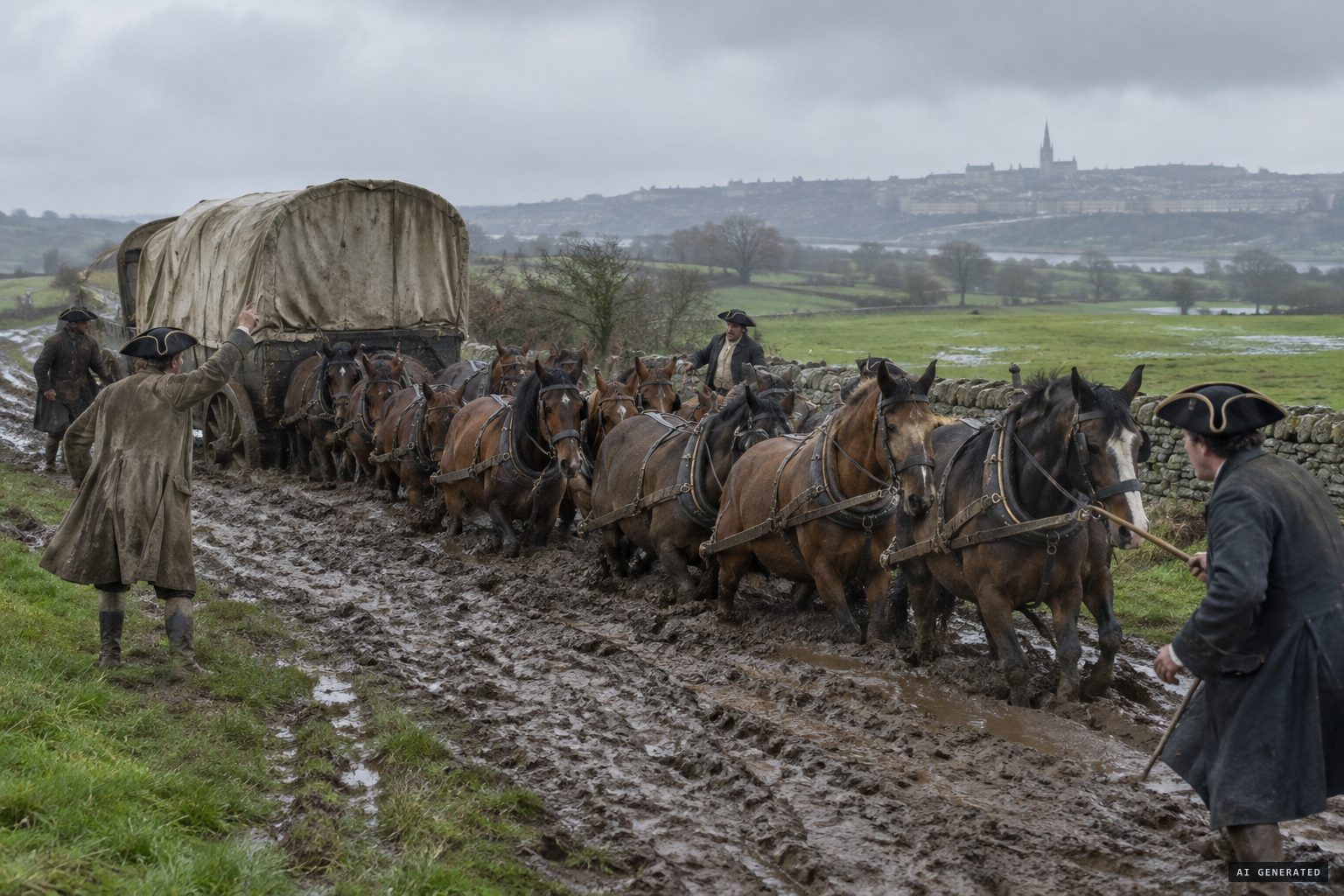 Giles's wagons stuck in mud, said to need eighteen horses to free them