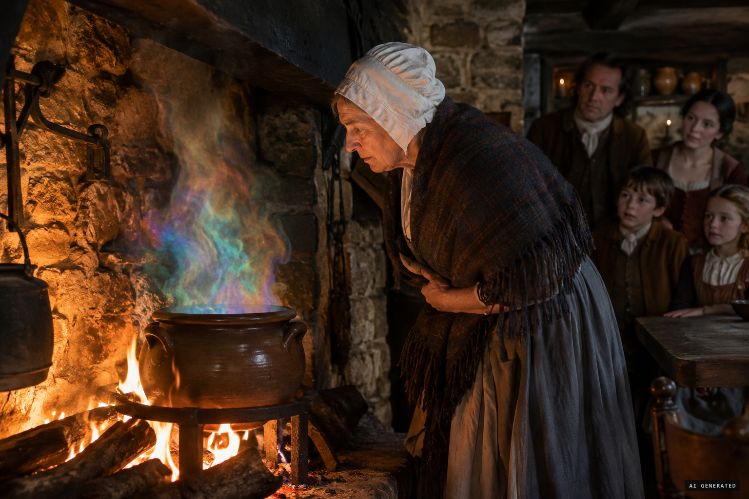On the cunning woman's advice, the girls' urine is heated in a pipkin; rainbow colours come out of it