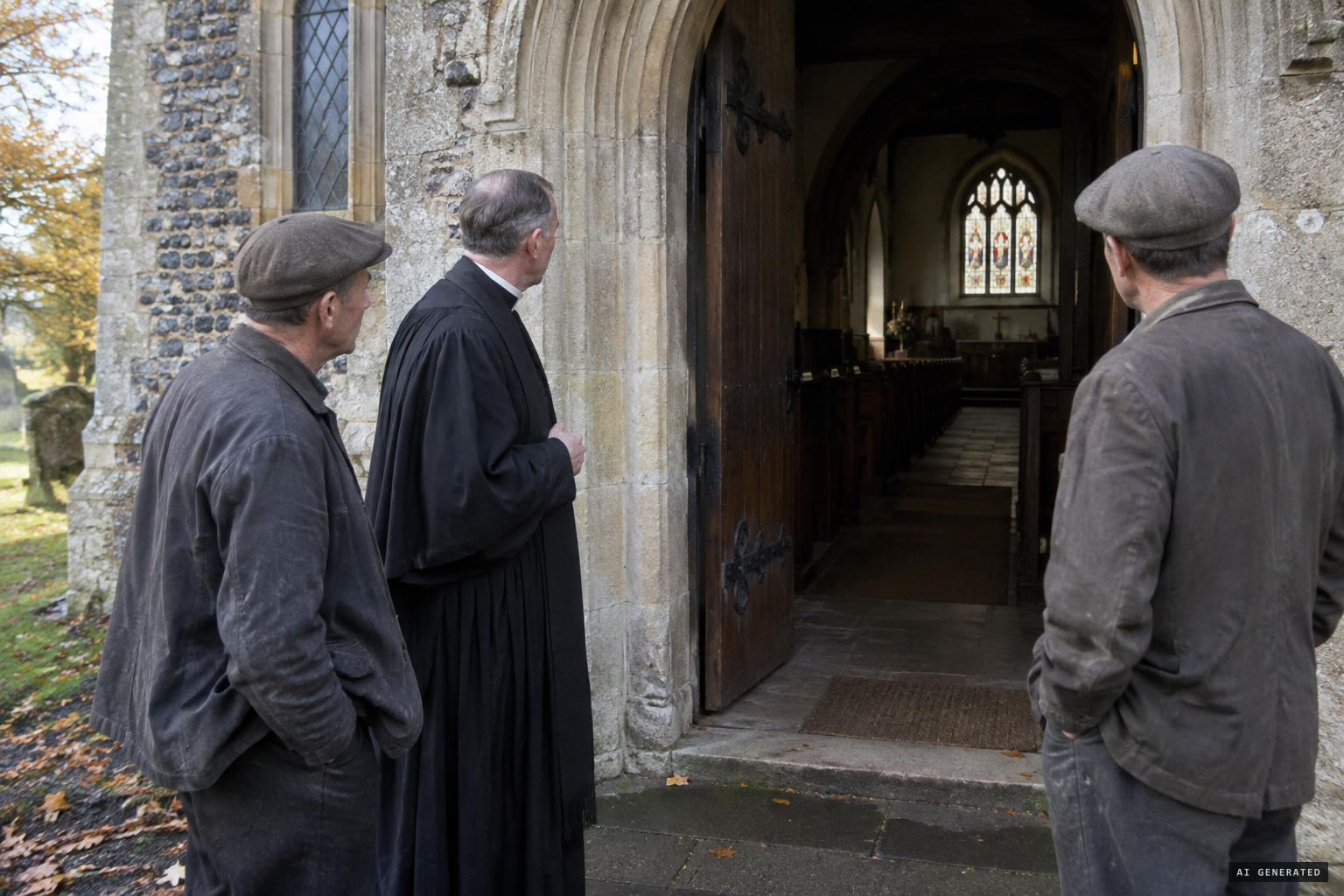 Merryweather and two workmen hear singing from the empty church