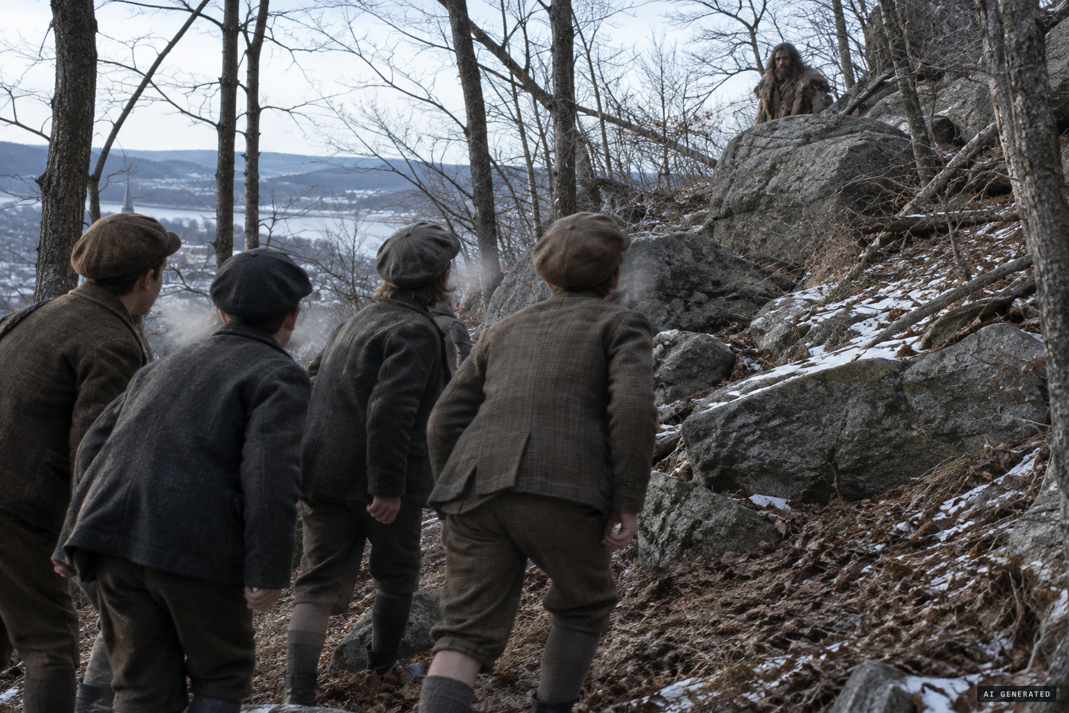 Schoolboys meet a semi-nude man with a large knife in the hills