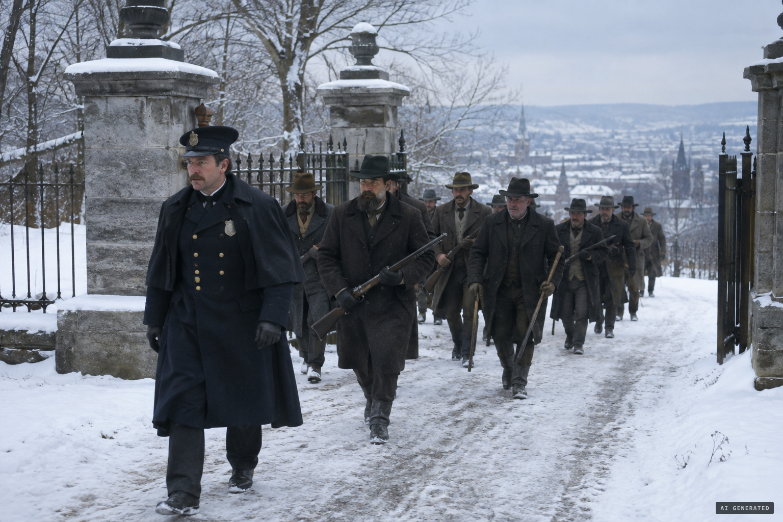 Capt. King leads a posse to the cemetery's upper entrance