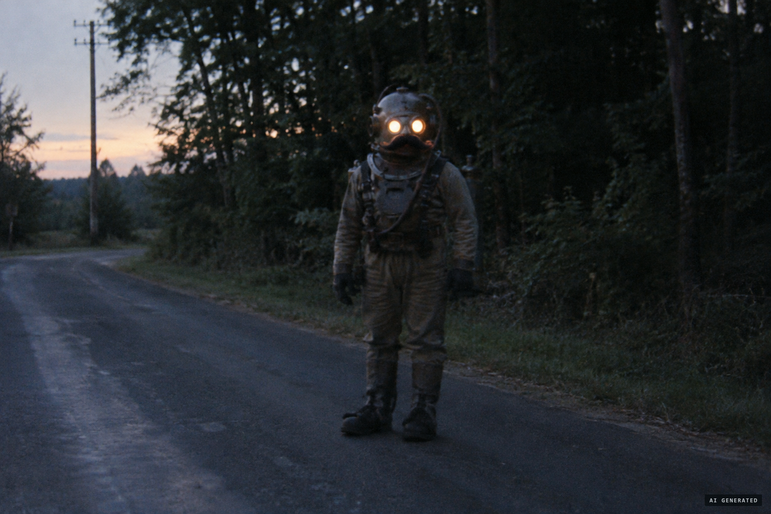 A small figure like a diver, with bright eyes and a strong mustache.