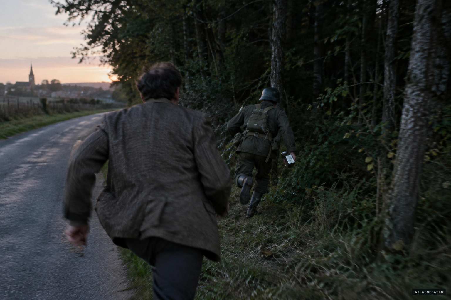 The 'being': a youth in paratrooper gear and a sawn German helmet.