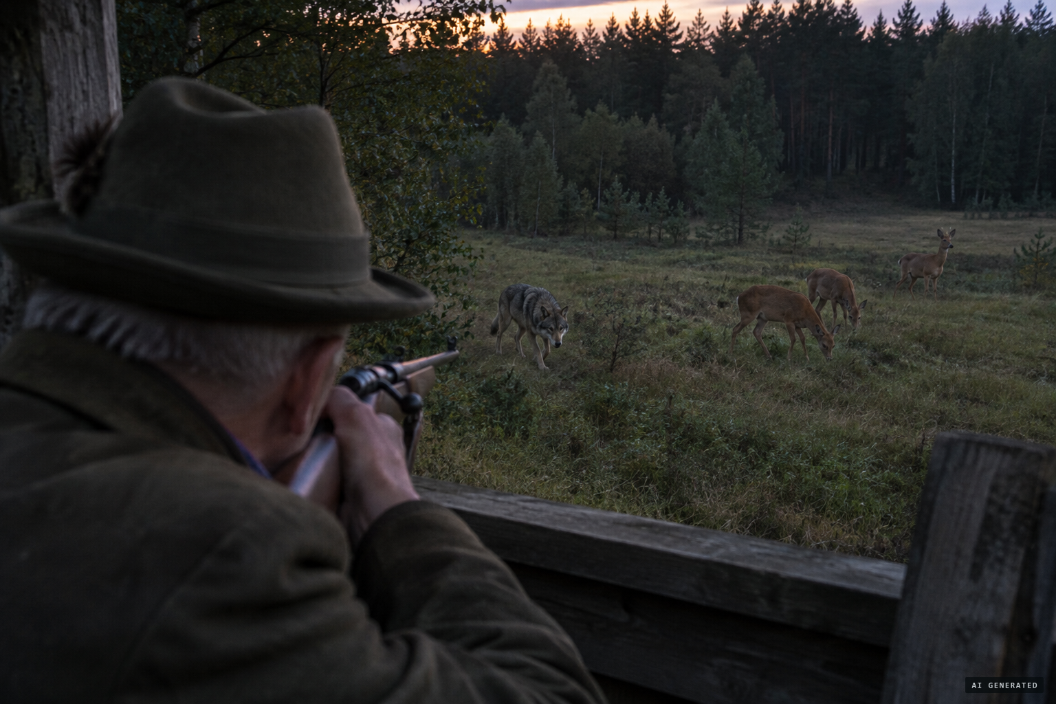 Hermann Gaatz fires at a wolf stalking roe deer