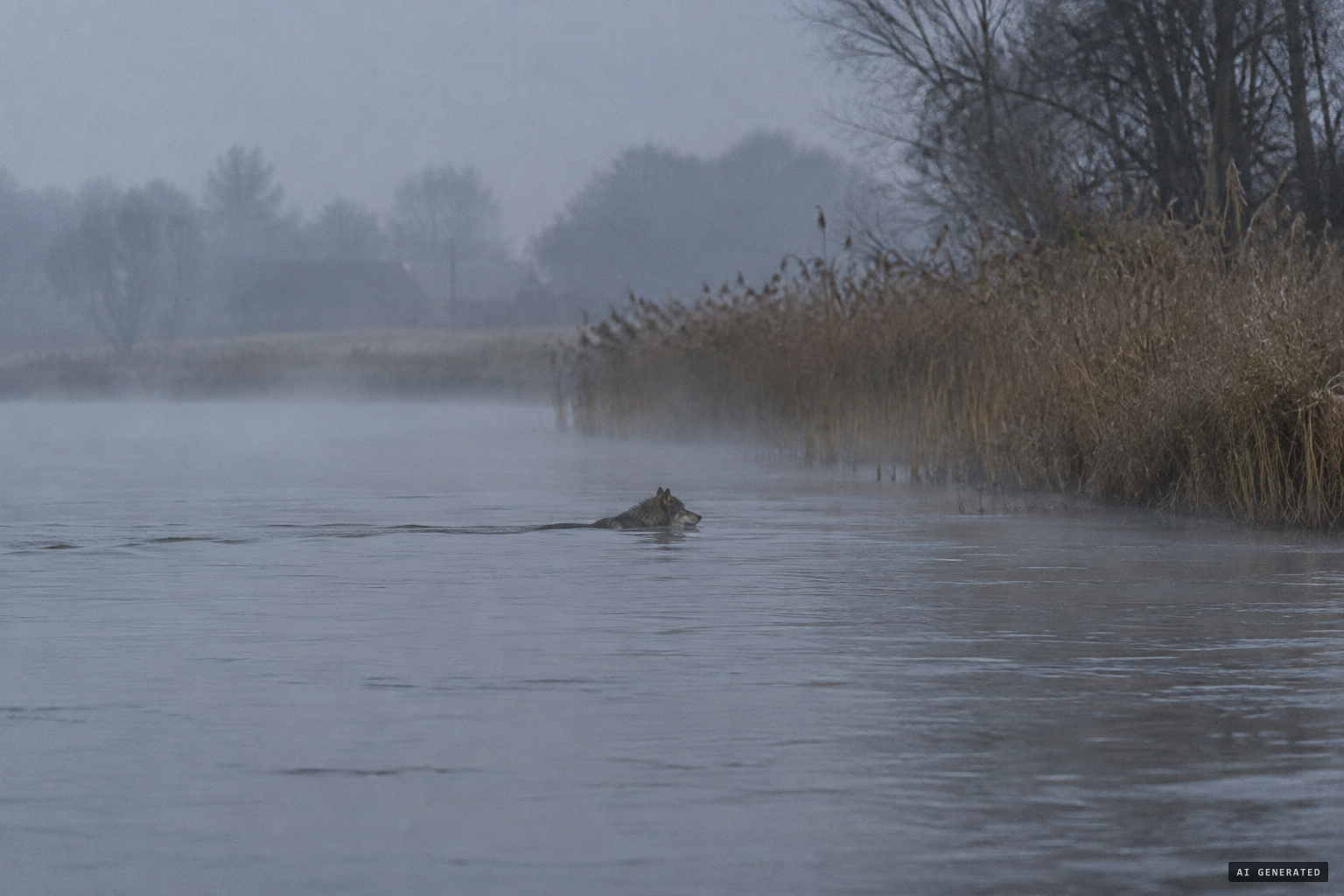 A young wolf crossing the Elbe at Gartow