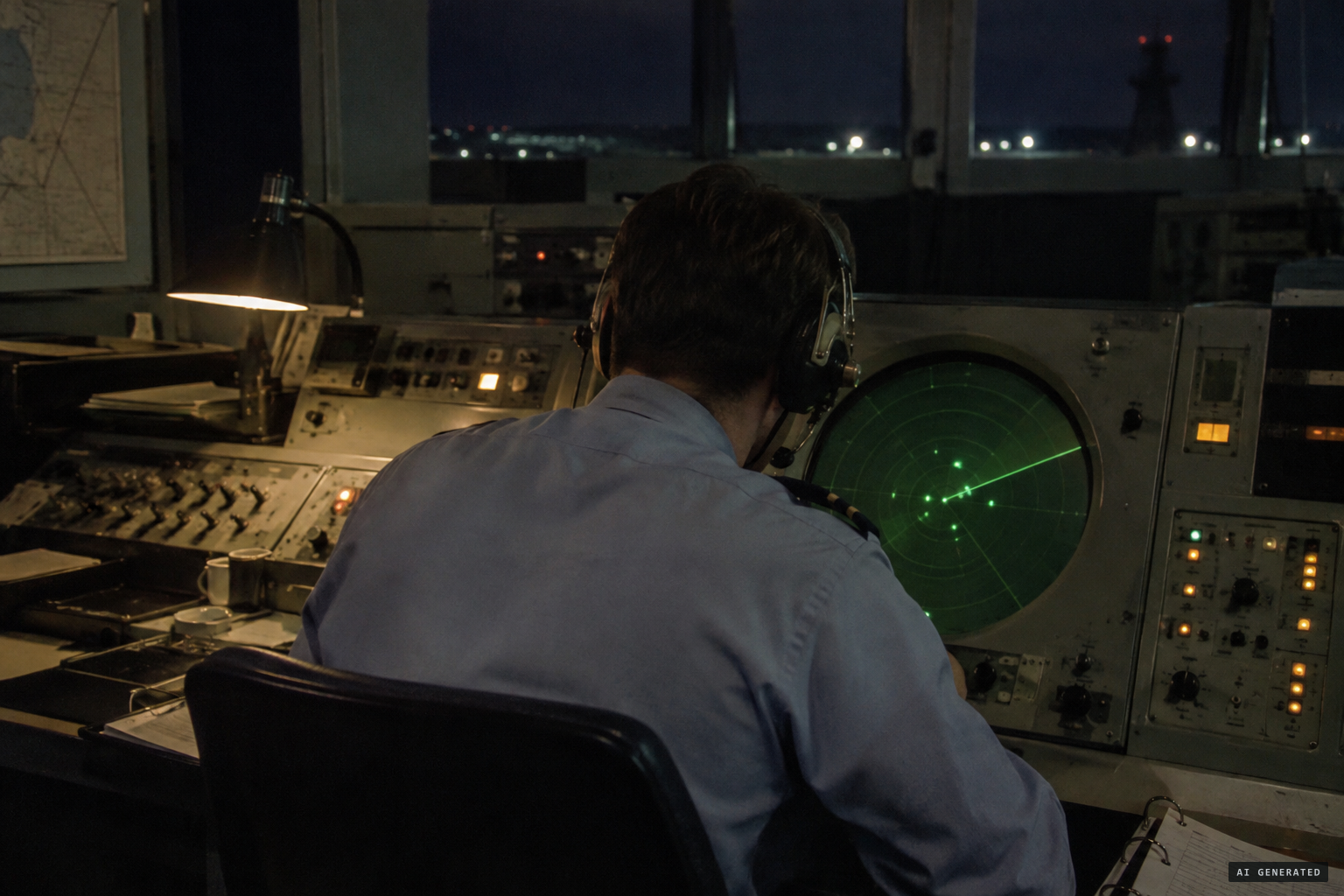 A controller at RAF Patrington guides Schaffner toward the set of lights