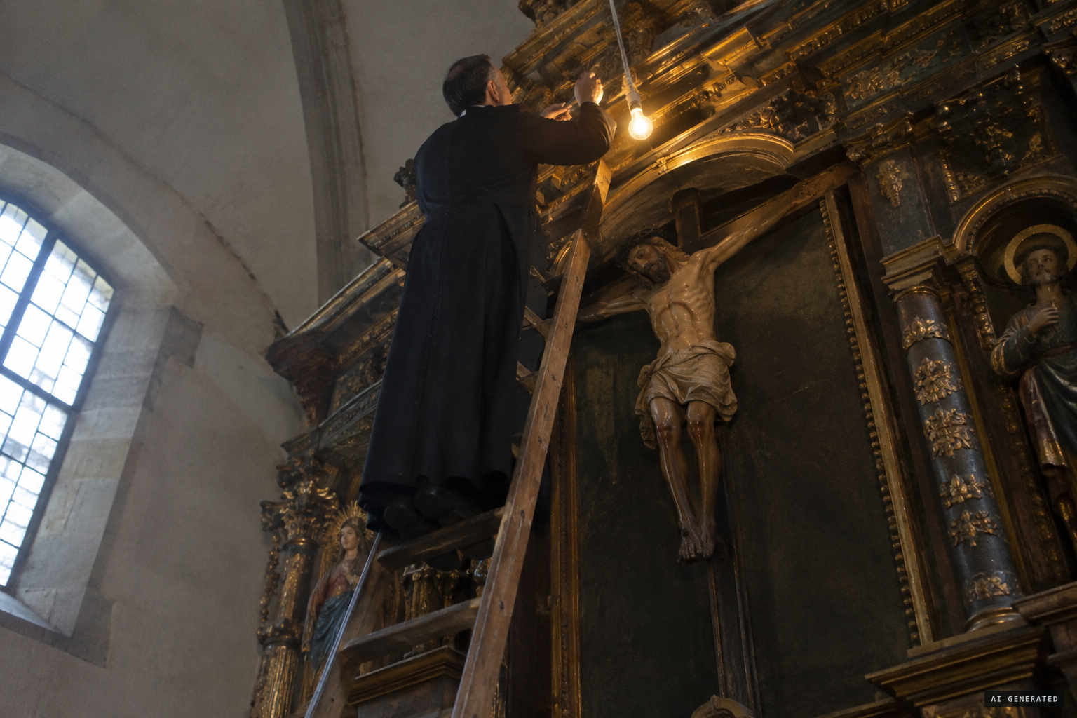 Fr. Antonio López fitting electric lighting in August 1914