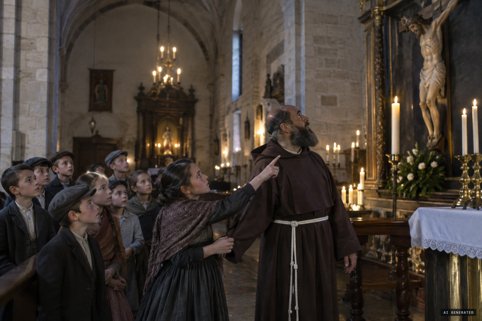 A girl tells Fr. Anselmo de Jalón the Christ has shut its eyes