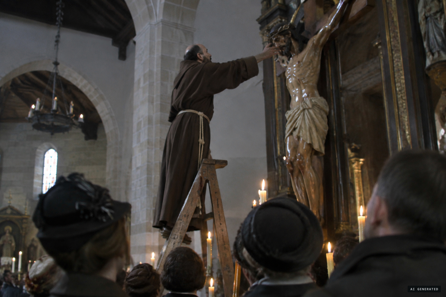 The friar climbs up and finds the body covered with sweat