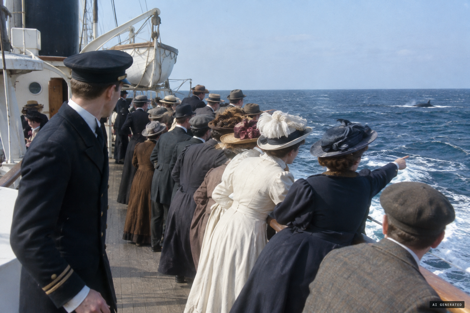 Passengers shout and the third officer looks over the starboard quarter