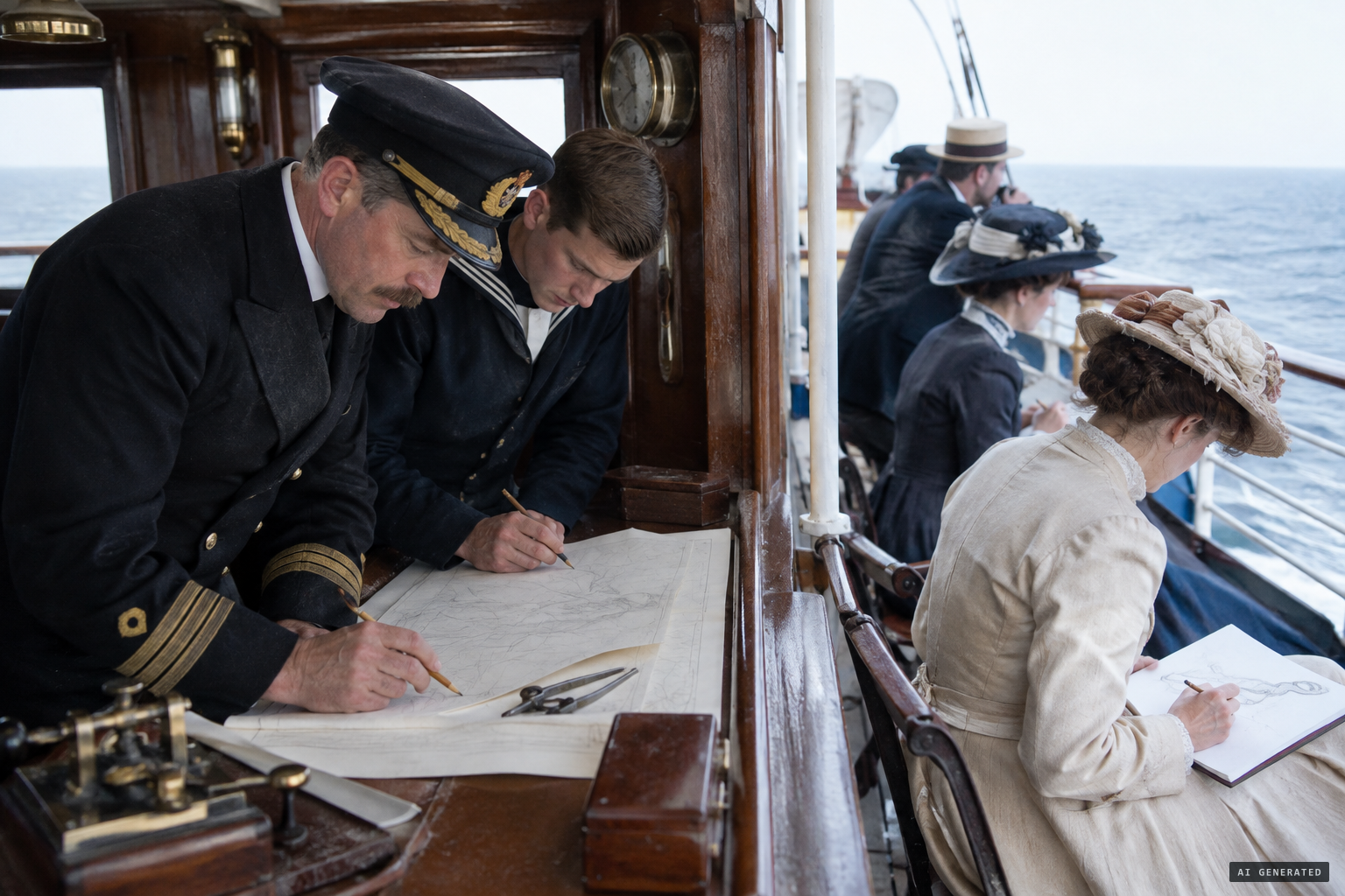 Millar, the wireless operator and passengers sketch the creature