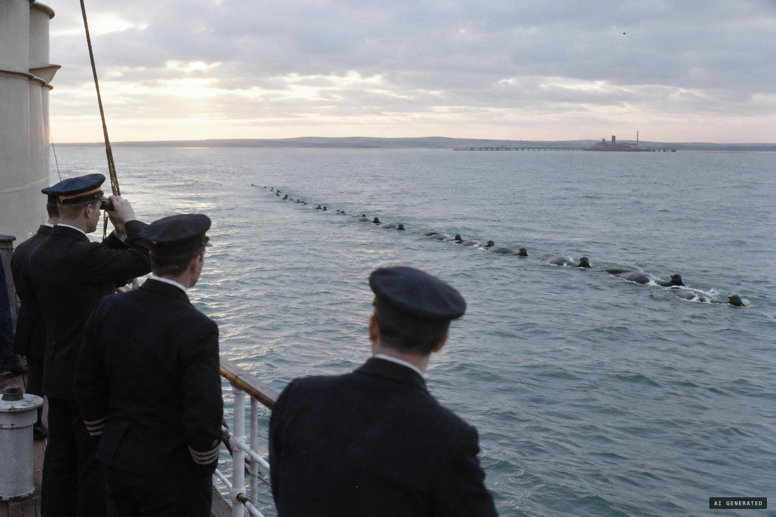 Officers of the Alcinous see seals swimming in lines like a huge fish