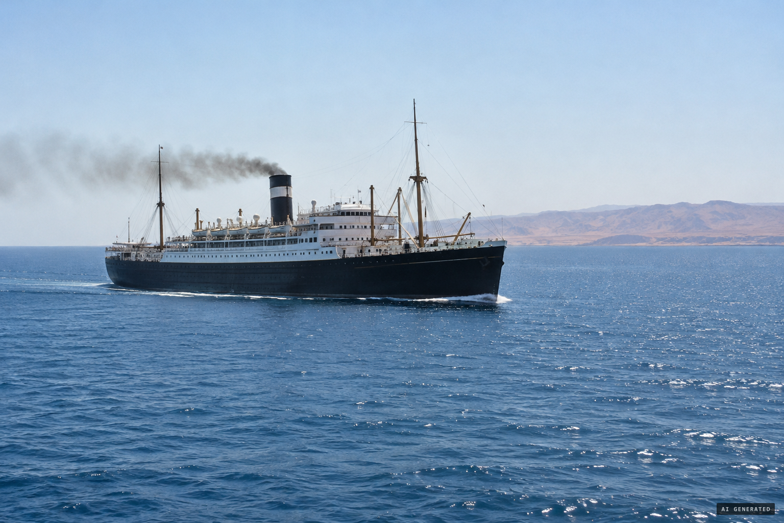 Homeward bound for Southampton, the Largs Bay passes Aden at sea, spring 1933