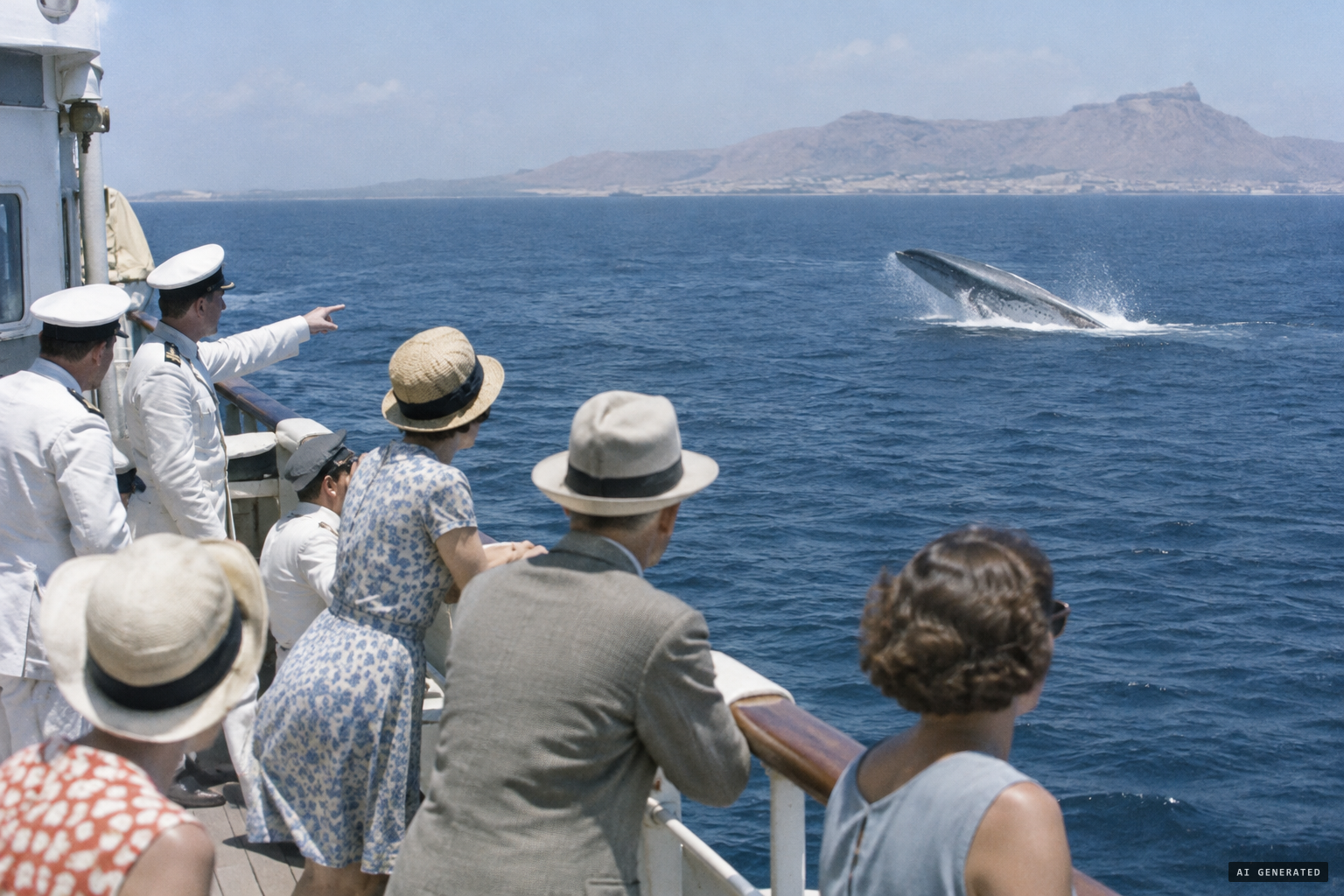 A long animal rears out of the sea a cable's length from the ship