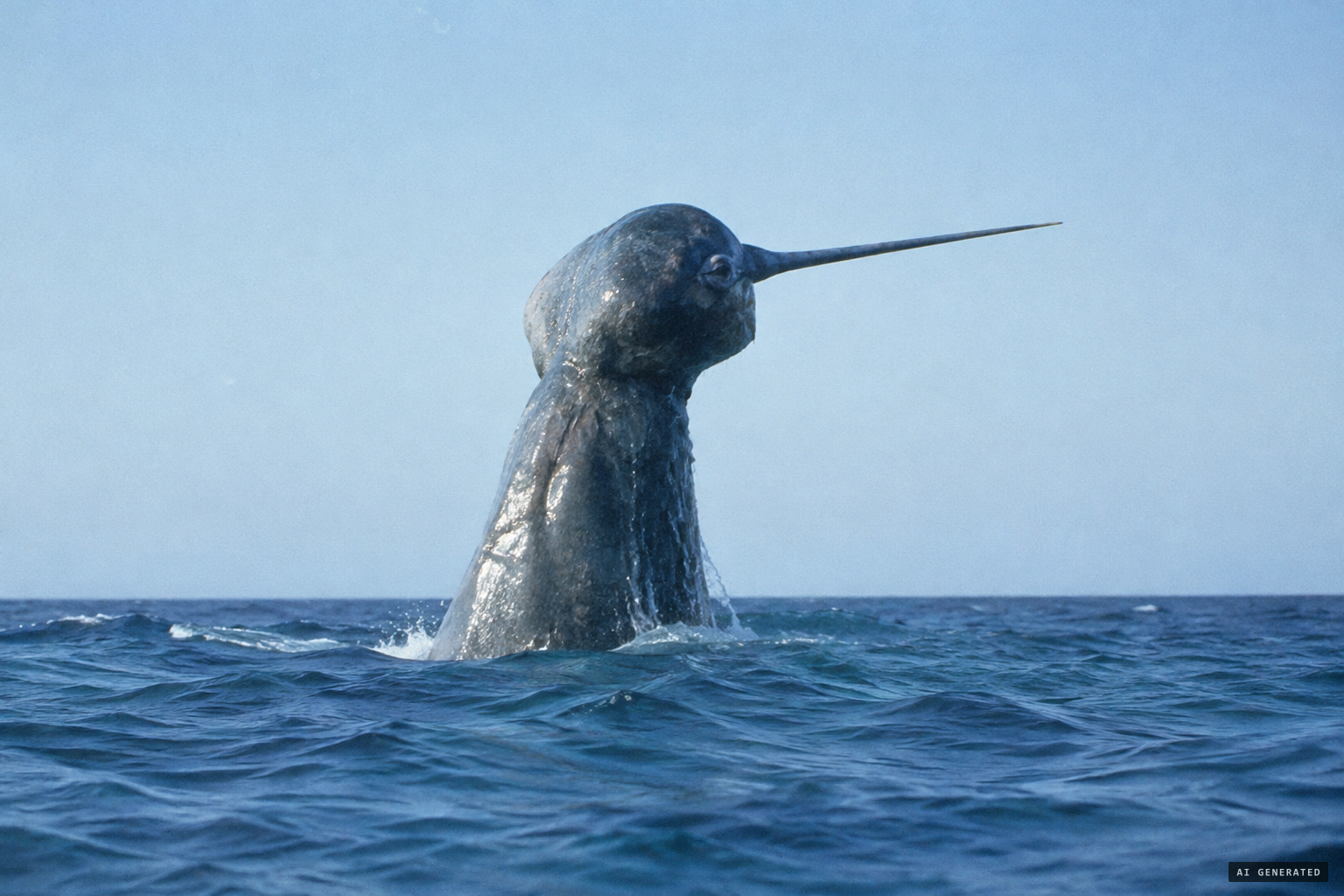About 20 feet visible: a bulging head and a long spike projecting from the snout