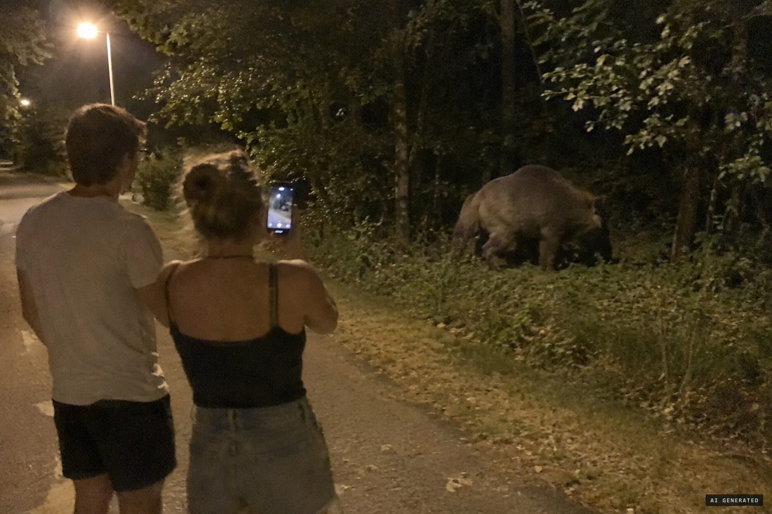 Two passers-by film a large, pale animal at the edge of the woods around midnight