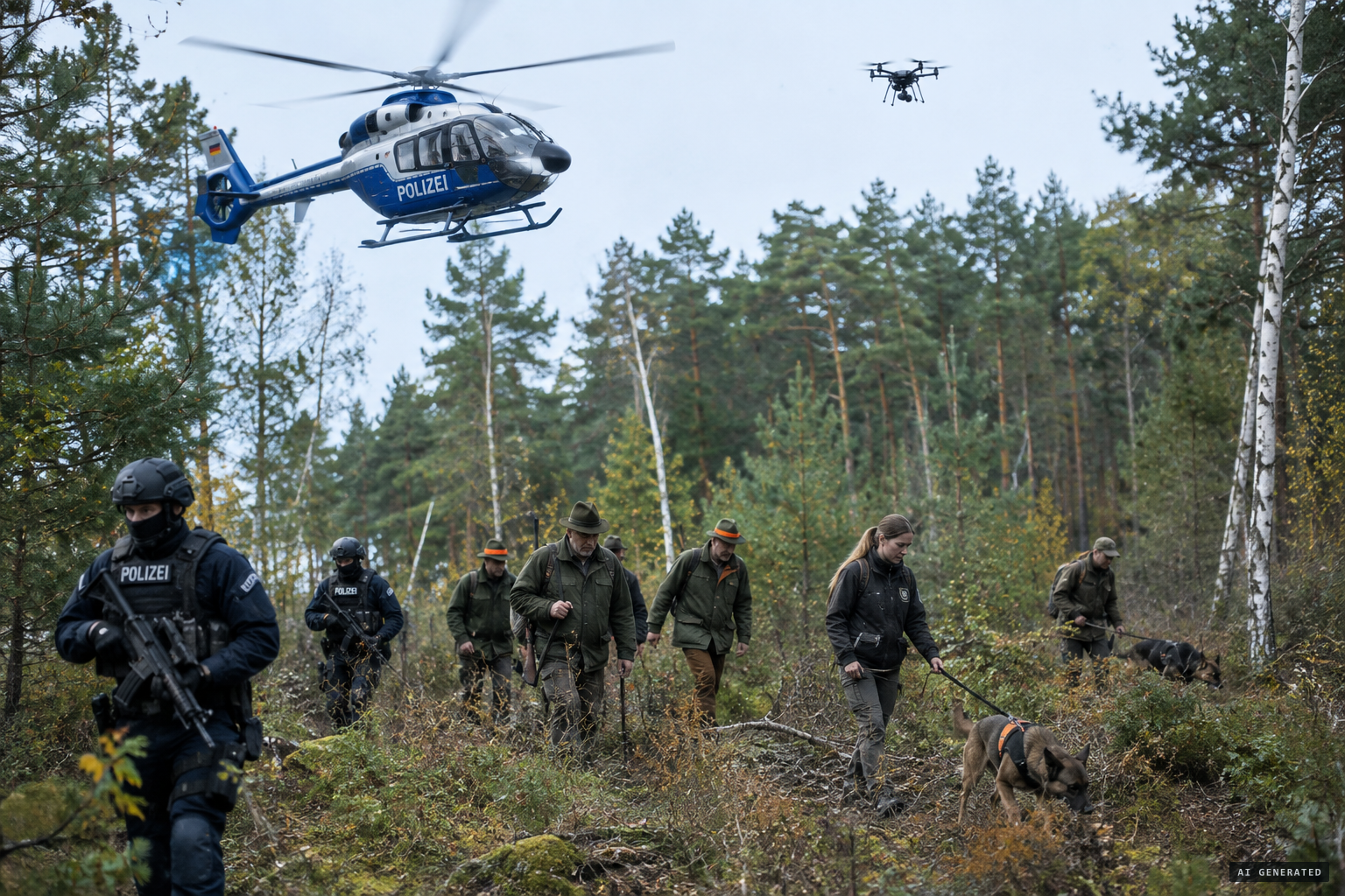 Helicopters, drones, hunters and tracking dogs sweep the woods