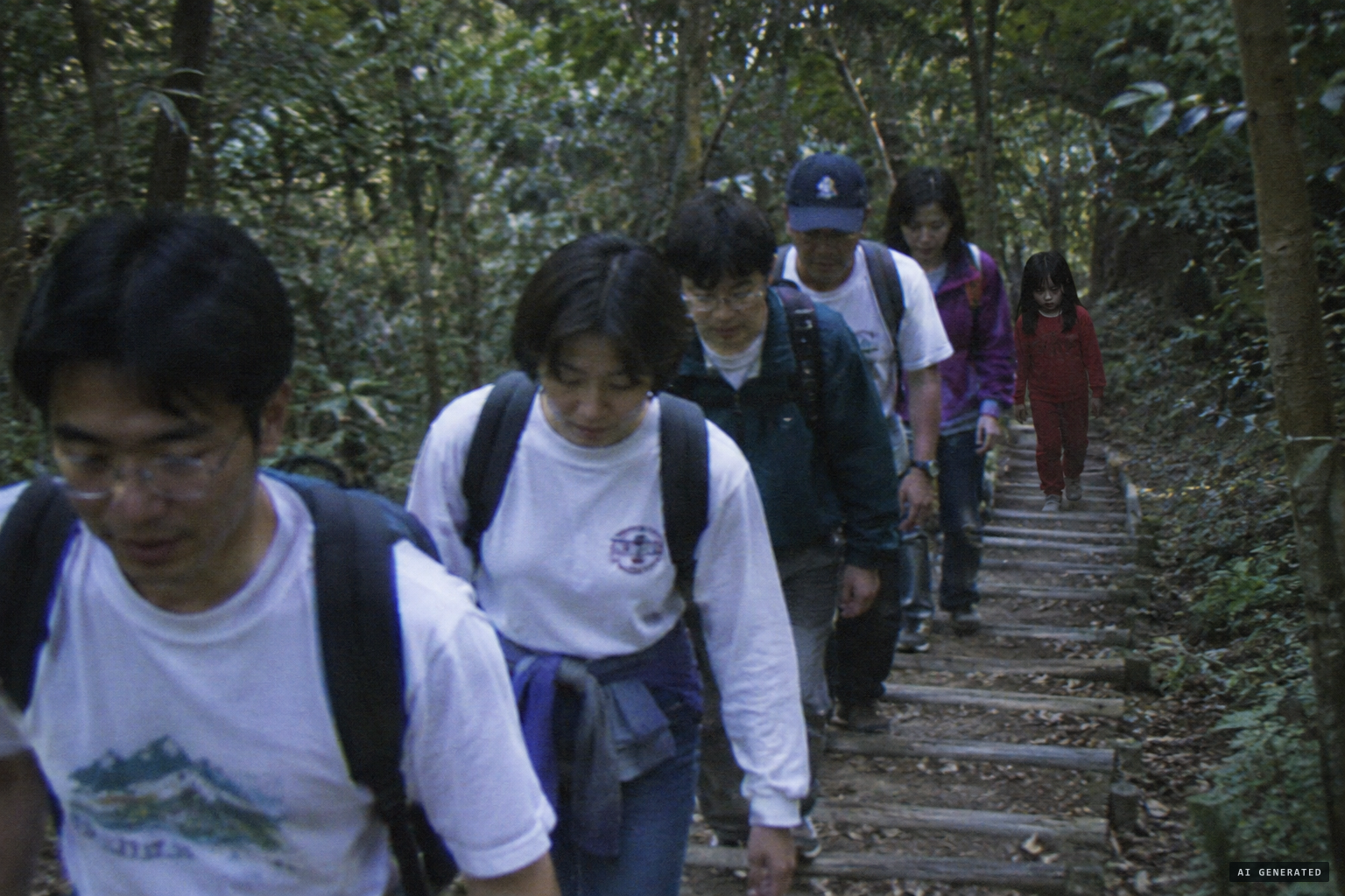 Behind the hiking party walks a small figure in red.
