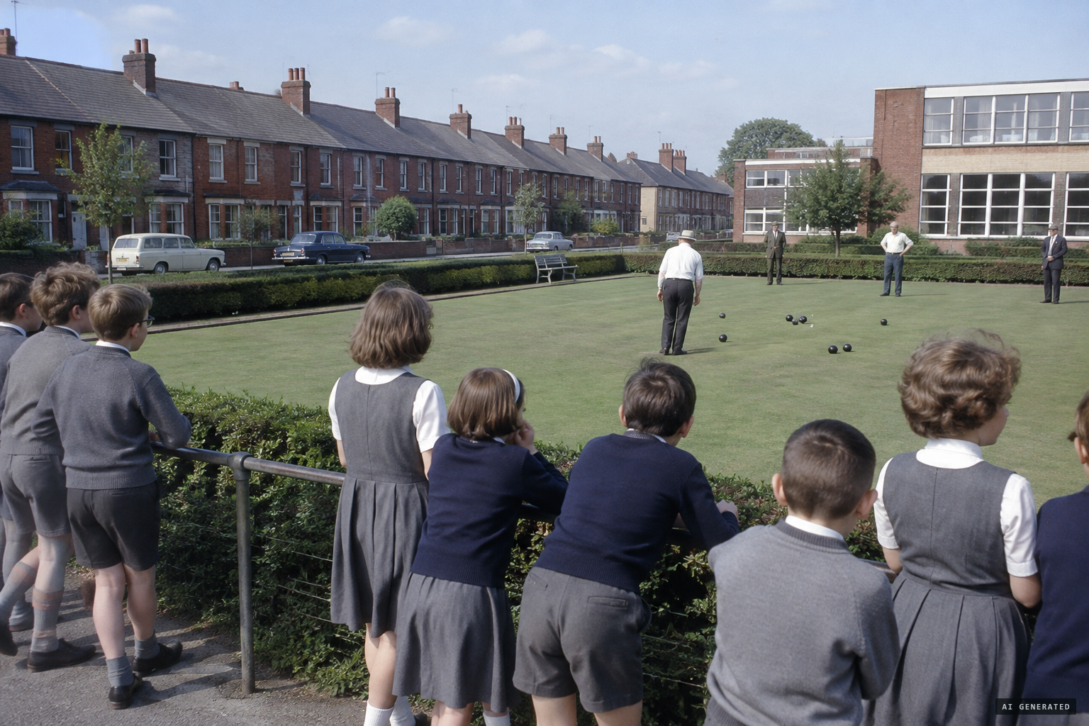 Children at the school beside Jubilee Park's bowling green see something during playtime