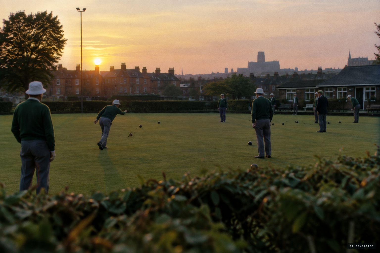 Little men in white hats throwing stones and clods of earth at each other on the bowling green
