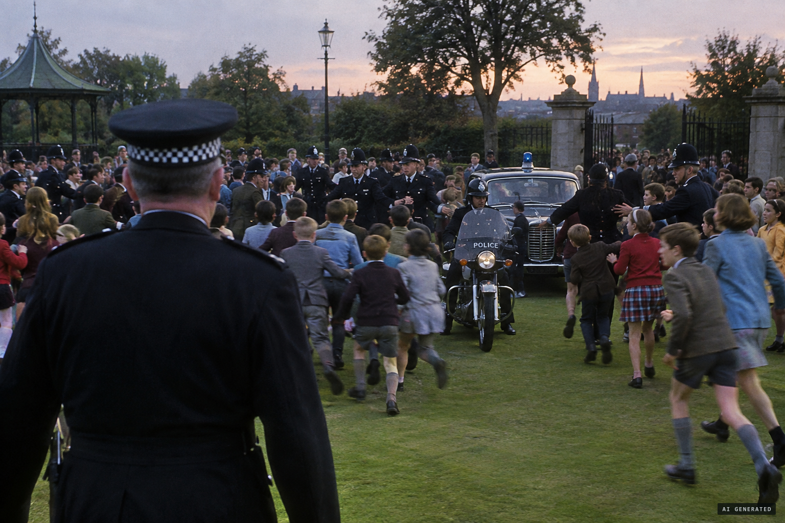 Police in cars and on motorcycles clear hundreds of youngsters from the park