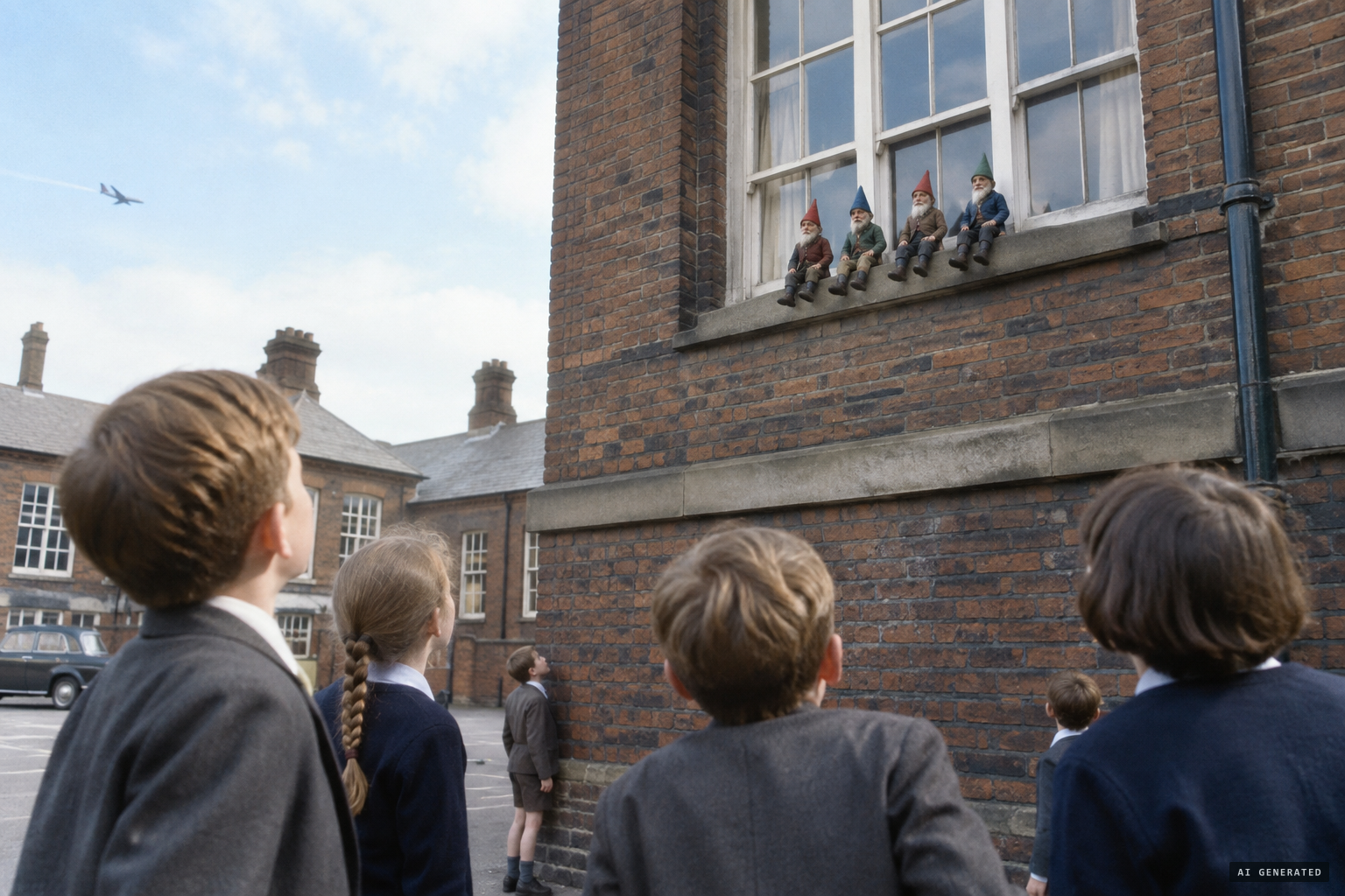 Tiny gnomes popping in and out of a window over the school yard, swinging their legs