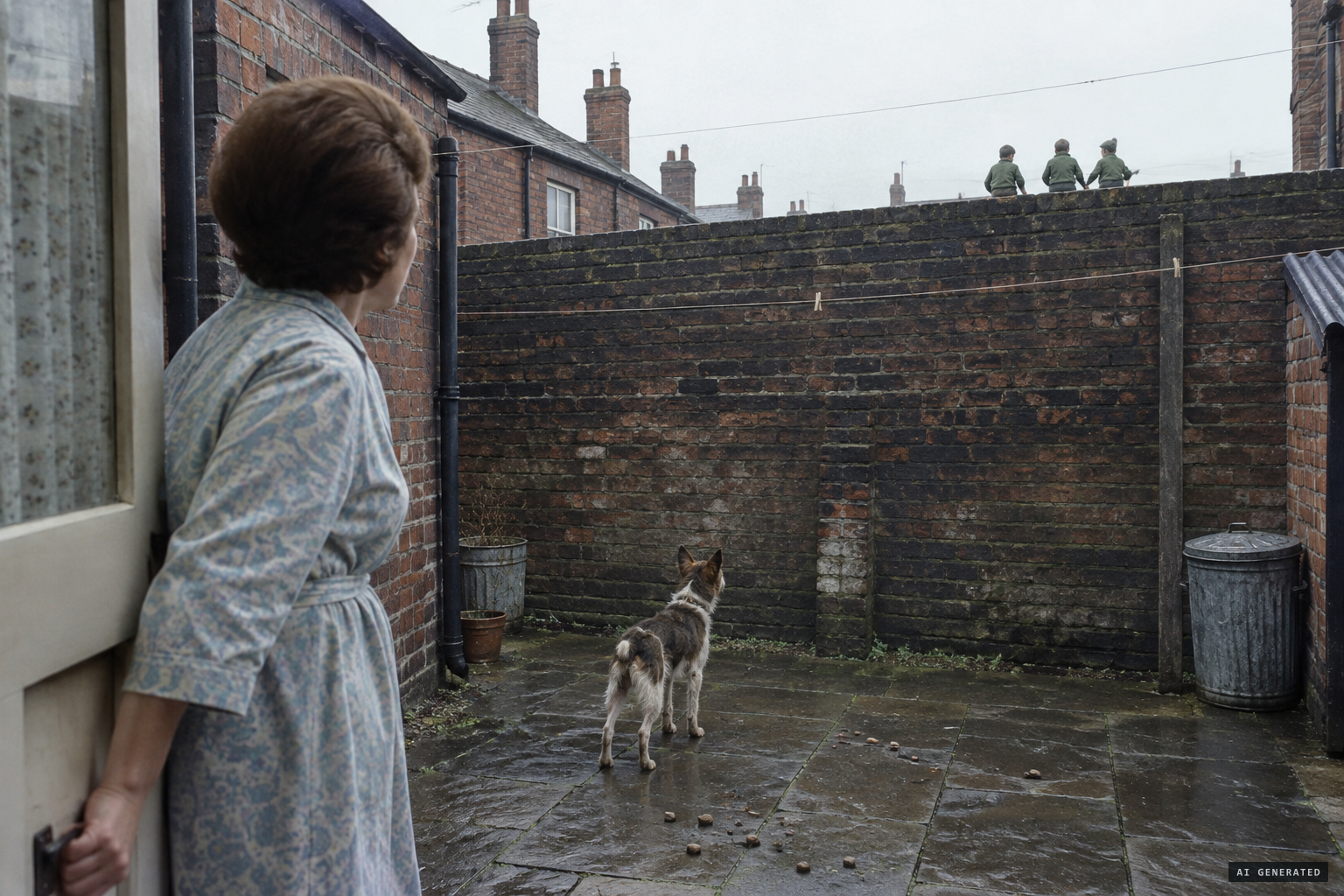 Three little men in green on a Wavertree backyard wall throw stones at a dog