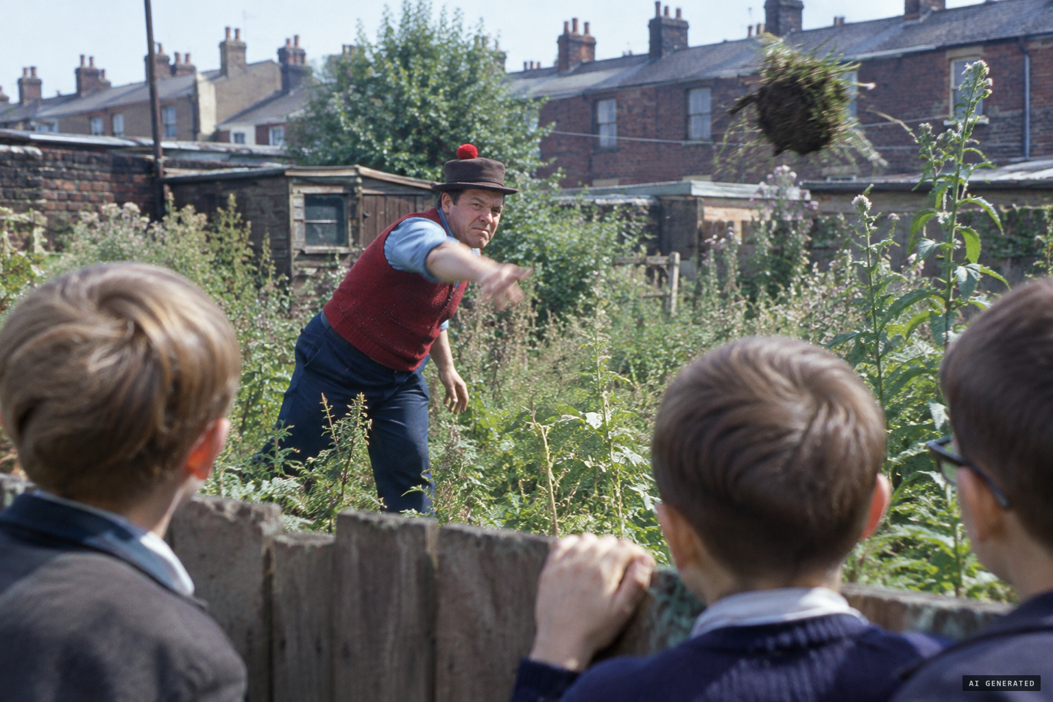 Brian Jones's account: a short man in his grandfather's garden throwing turfs at children
