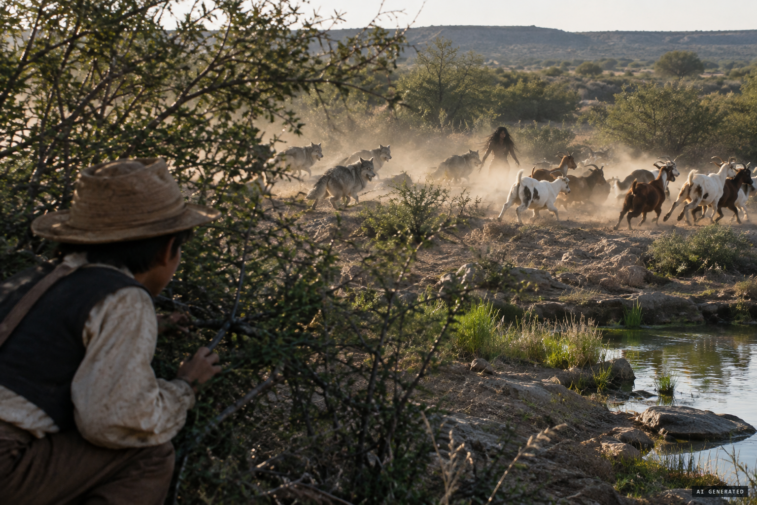 A boy sees lobo wolves attack the goats, a naked girl among them