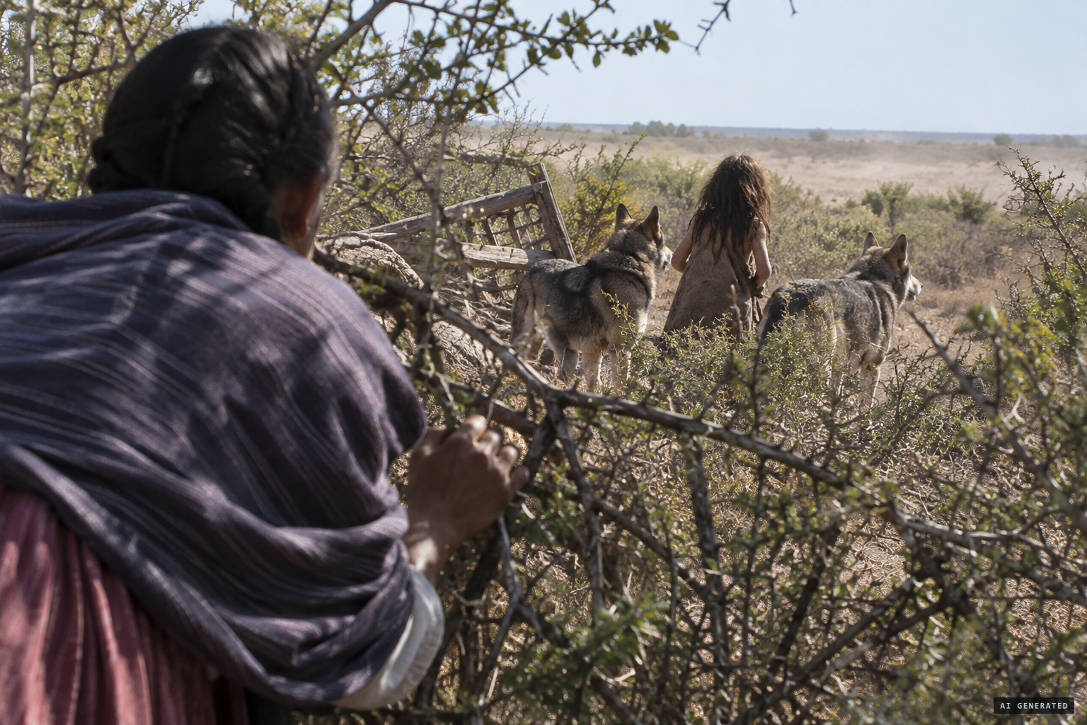 A Mexican woman finds two lobos and a naked girl devouring a goat