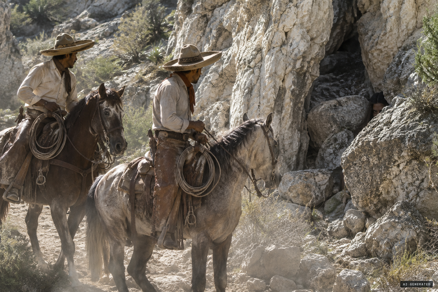 Two vaqueros jump the wild girl near a side canyon