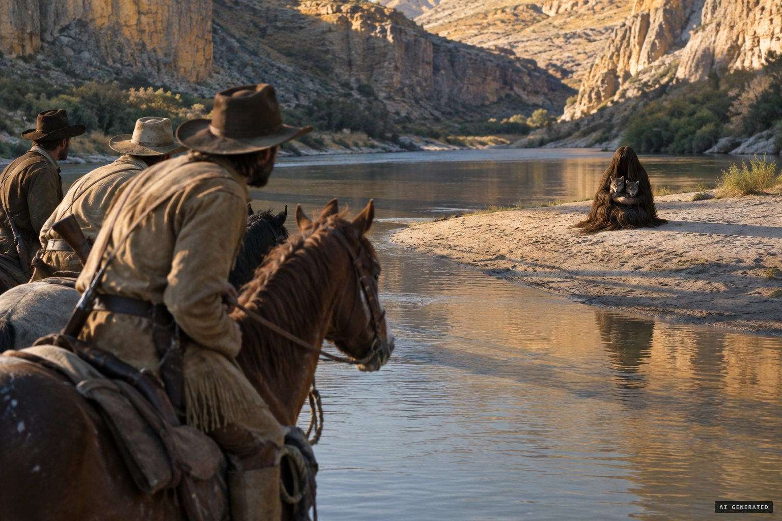 Frontiersmen find a naked young woman with two wolf whelps on a sand bar