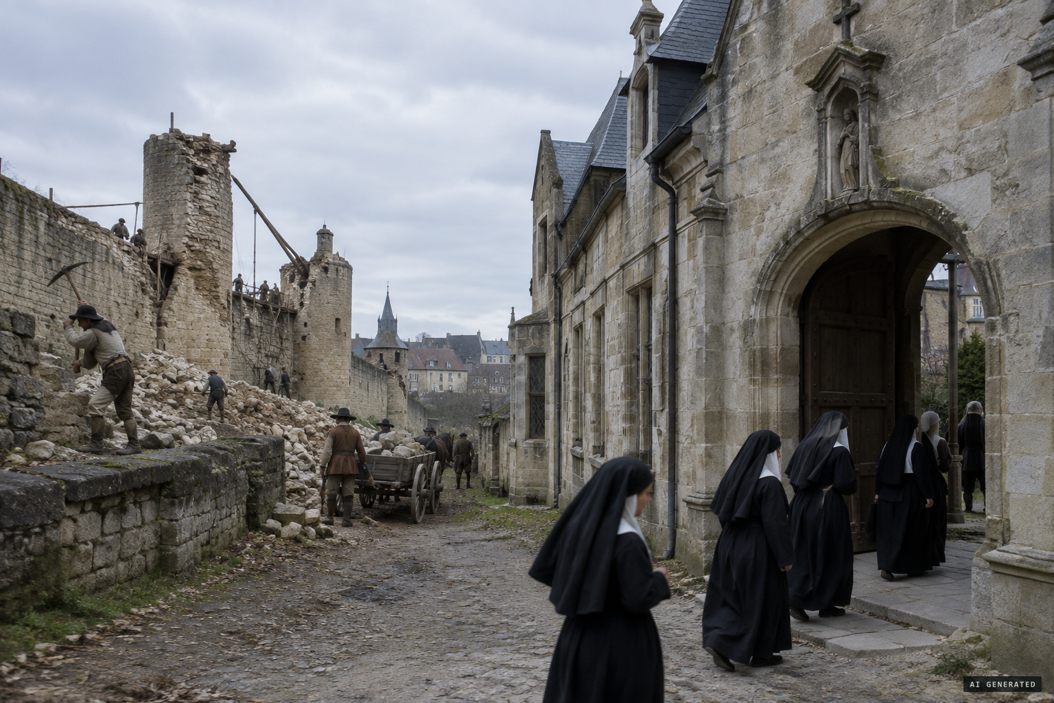 The Ursuline convent at Loudun, founded in 1626, beside the town's threatened fortifications
