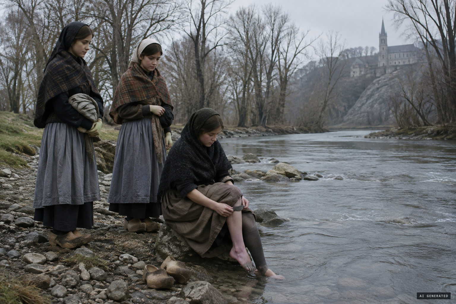Bernadette takes off her shoes to cross the water and hears a sound like wind