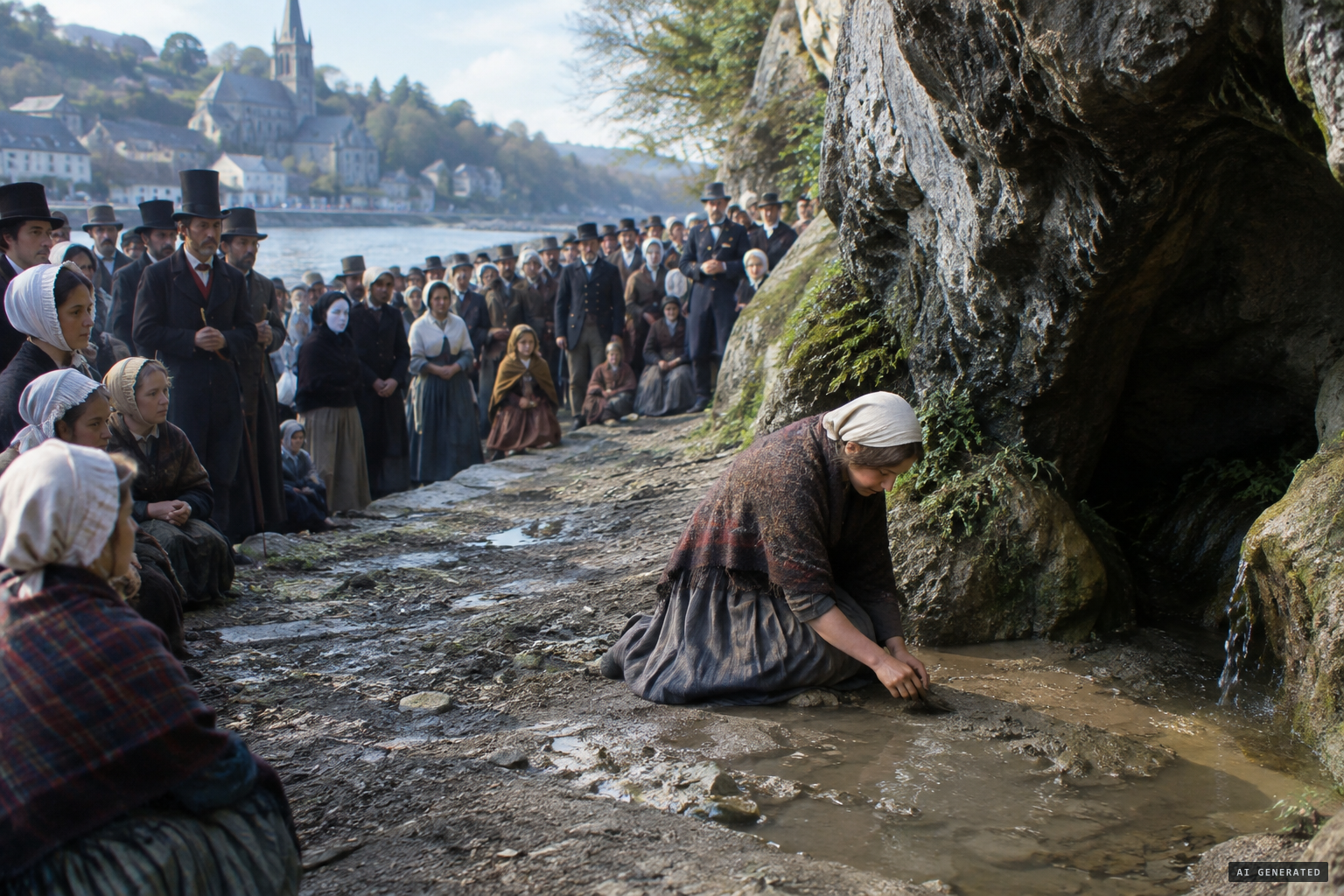 Before about 350 people, Bernadette digs and muddy water appears