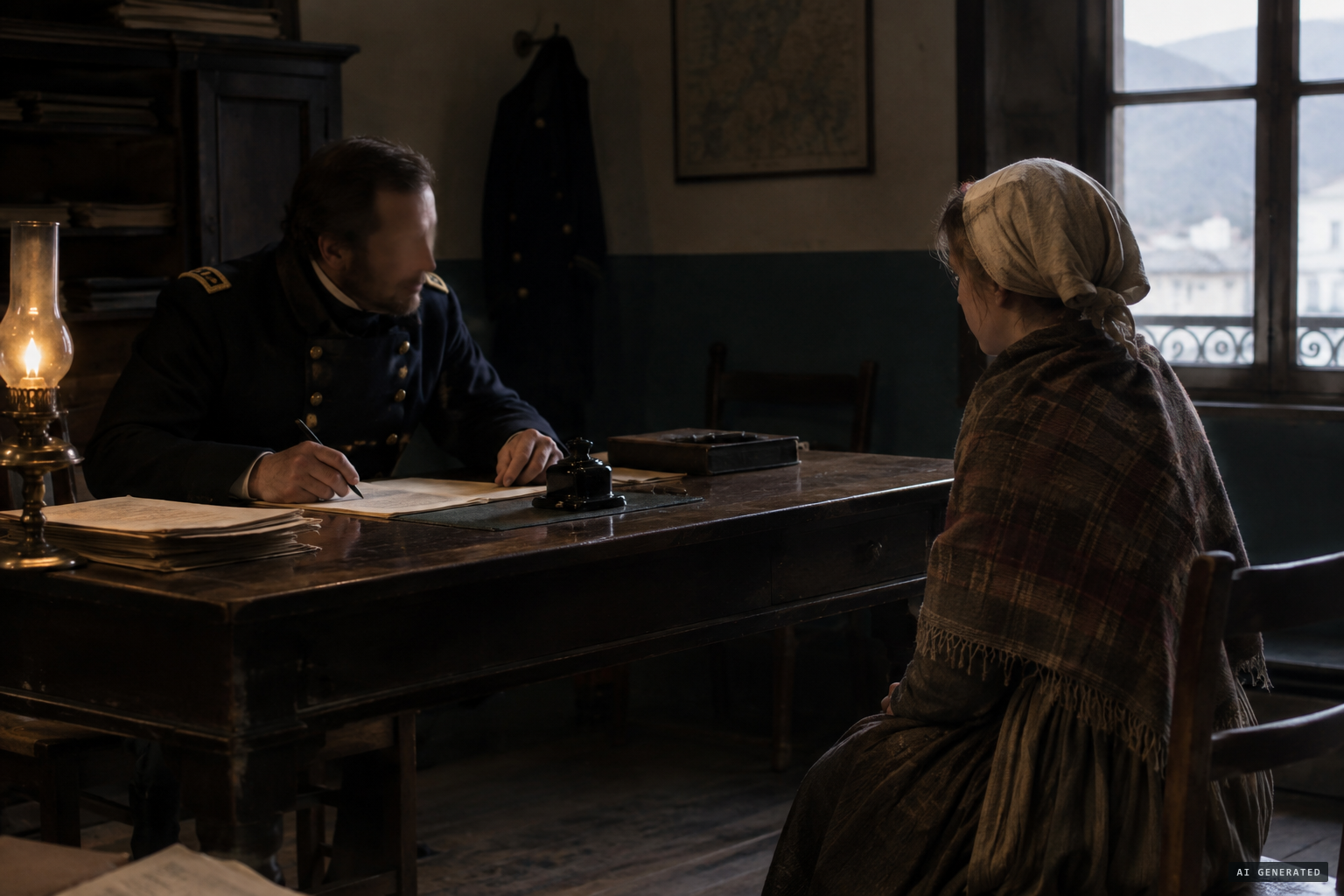 Commissioner Jacomet interrogates Bernadette and threatens prison