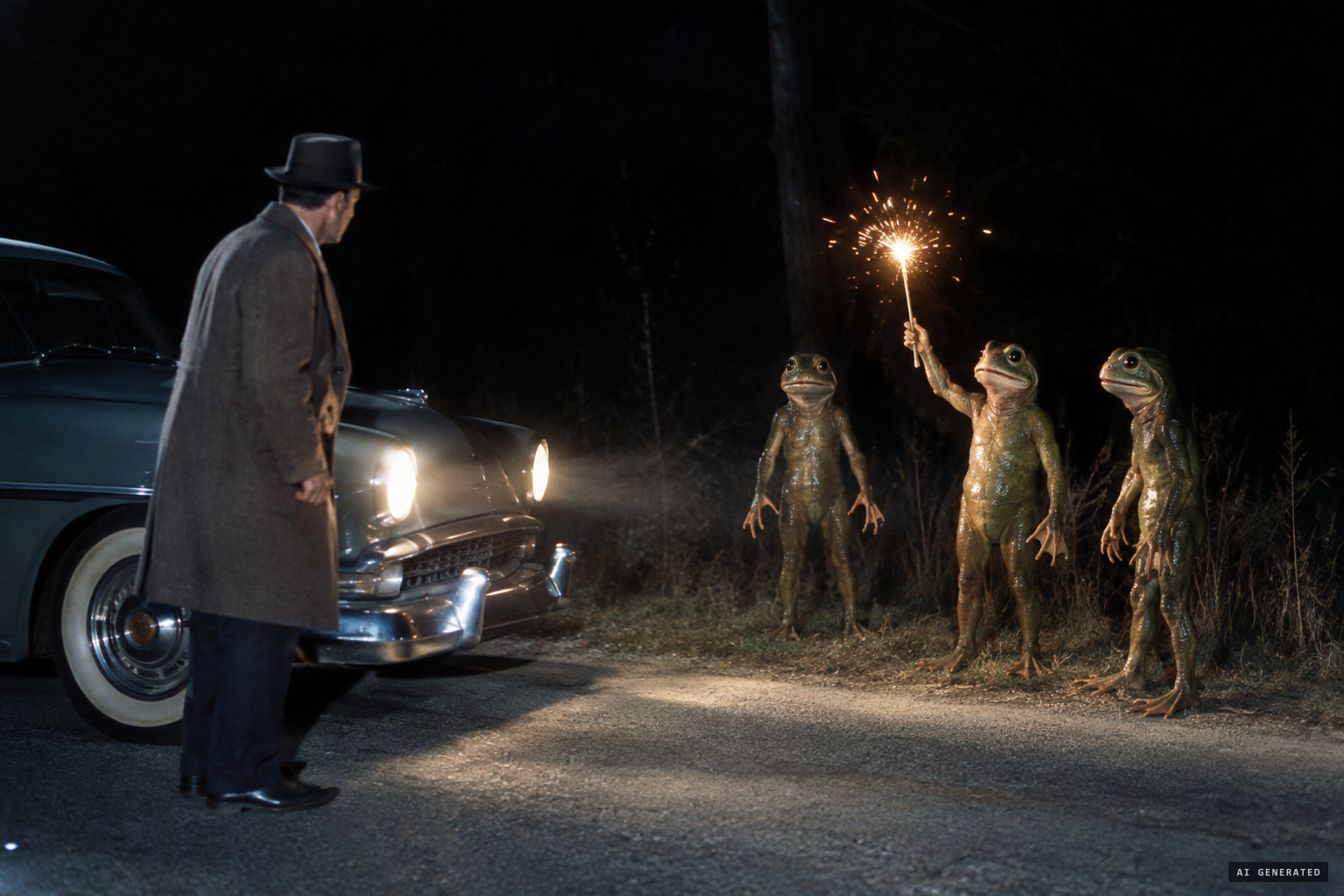 The 1955 telling: three frog-faced figures, one raising a sparking wand