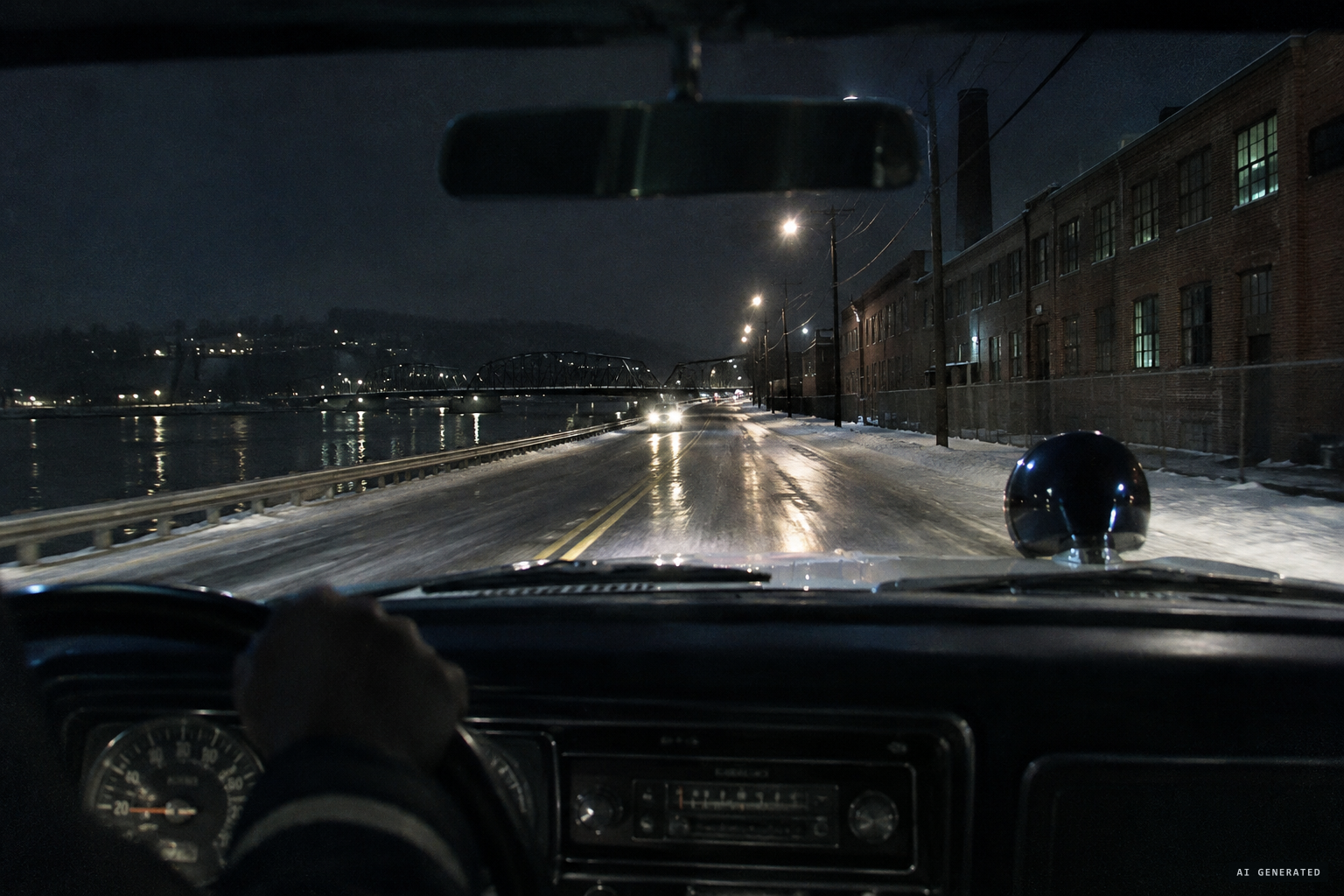 Officer Shockey drives carefully on icy Riverside Drive near the boot factory