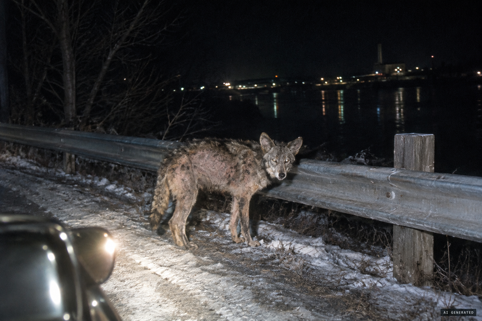 Skeptoid's alternative: a mangy coyote looking leathery at night