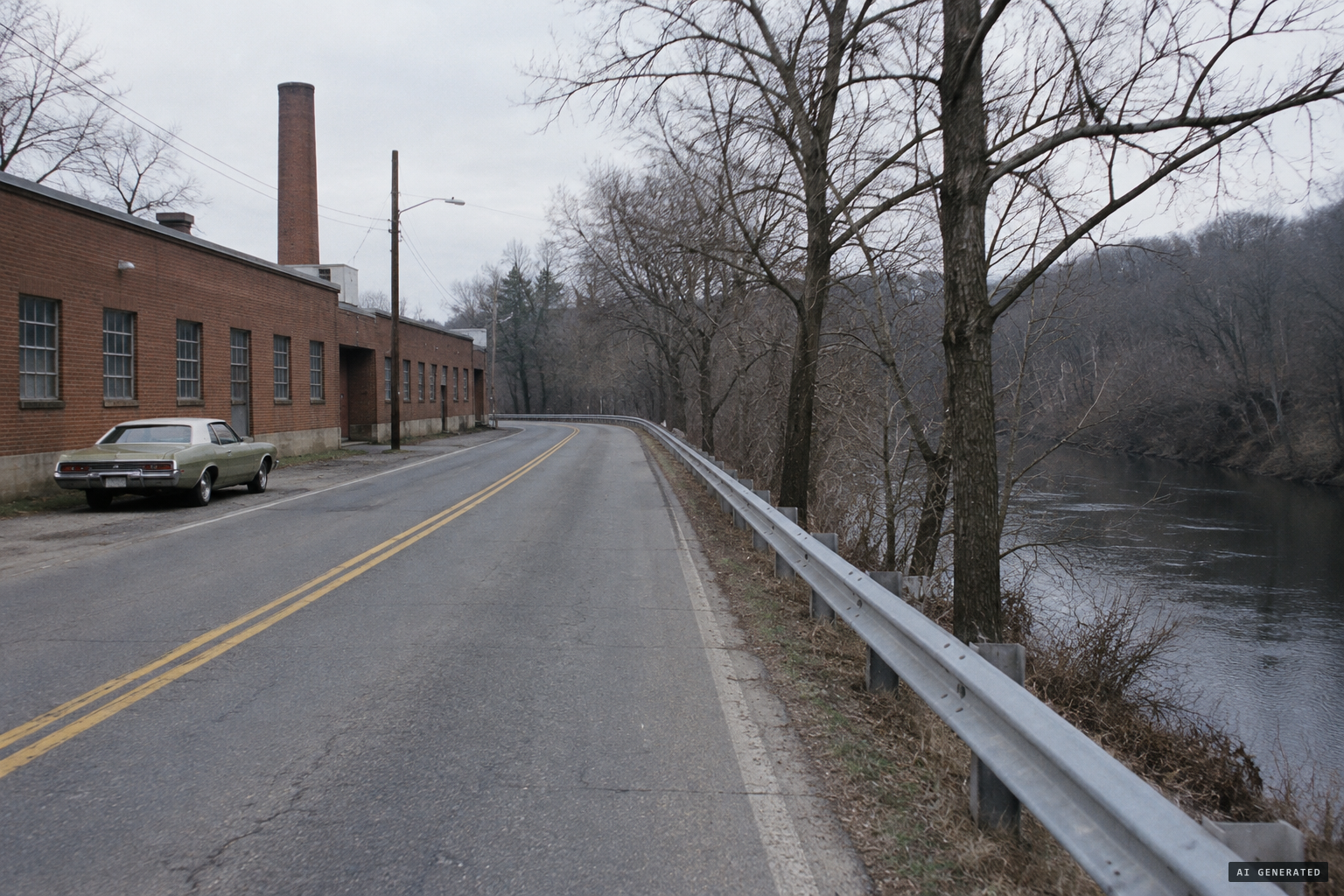 Riverside Drive by the Totes factory, the guardrail above the Little Miami River
