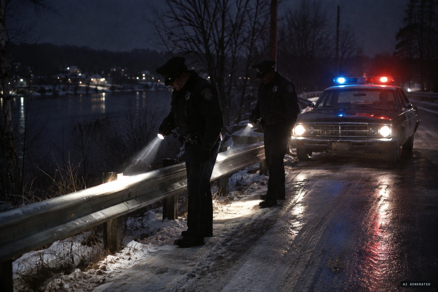 Fellow officers come out and examine the guardrail