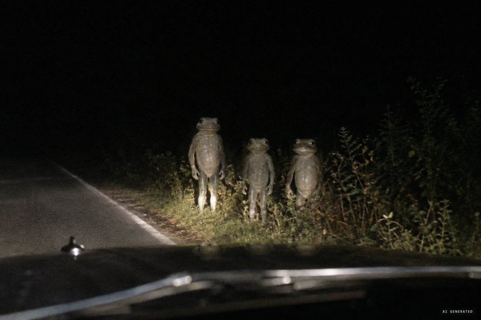 1955: three grey, frog-faced figures by the road