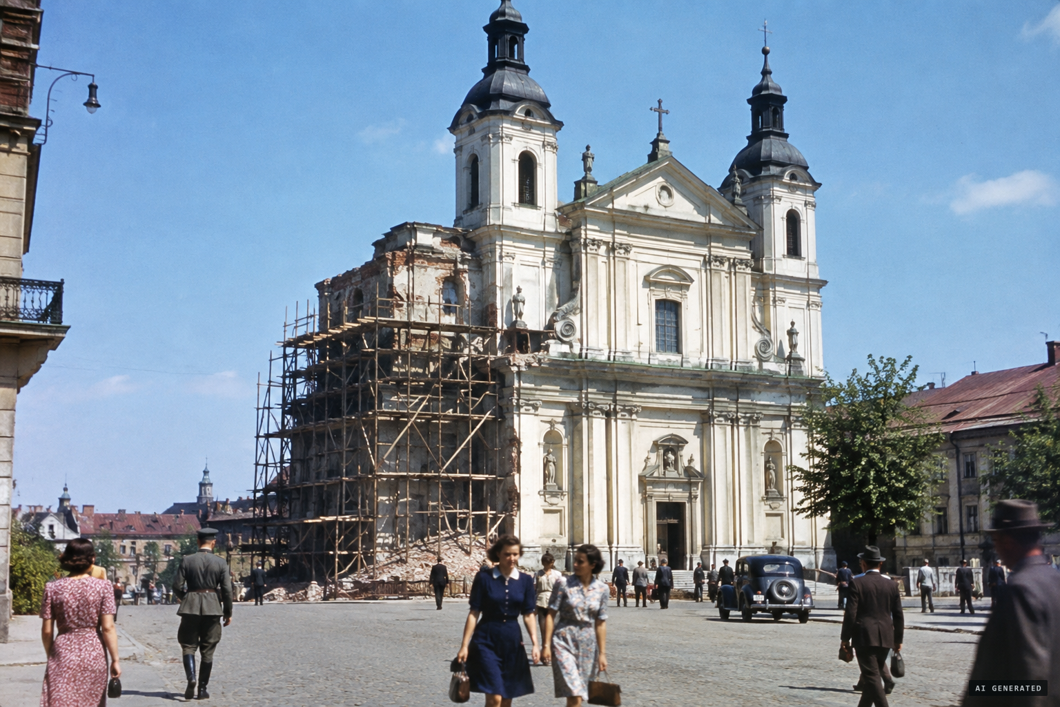 Lublin Cathedral under repair in the summer of 1949