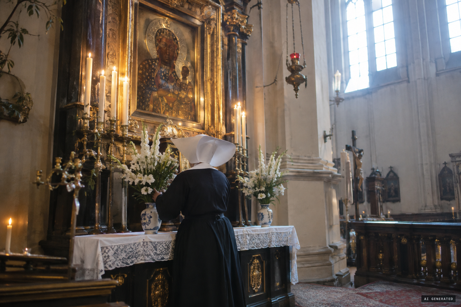 Sister Barbara Sadowska changing the flowers after the midday Mass