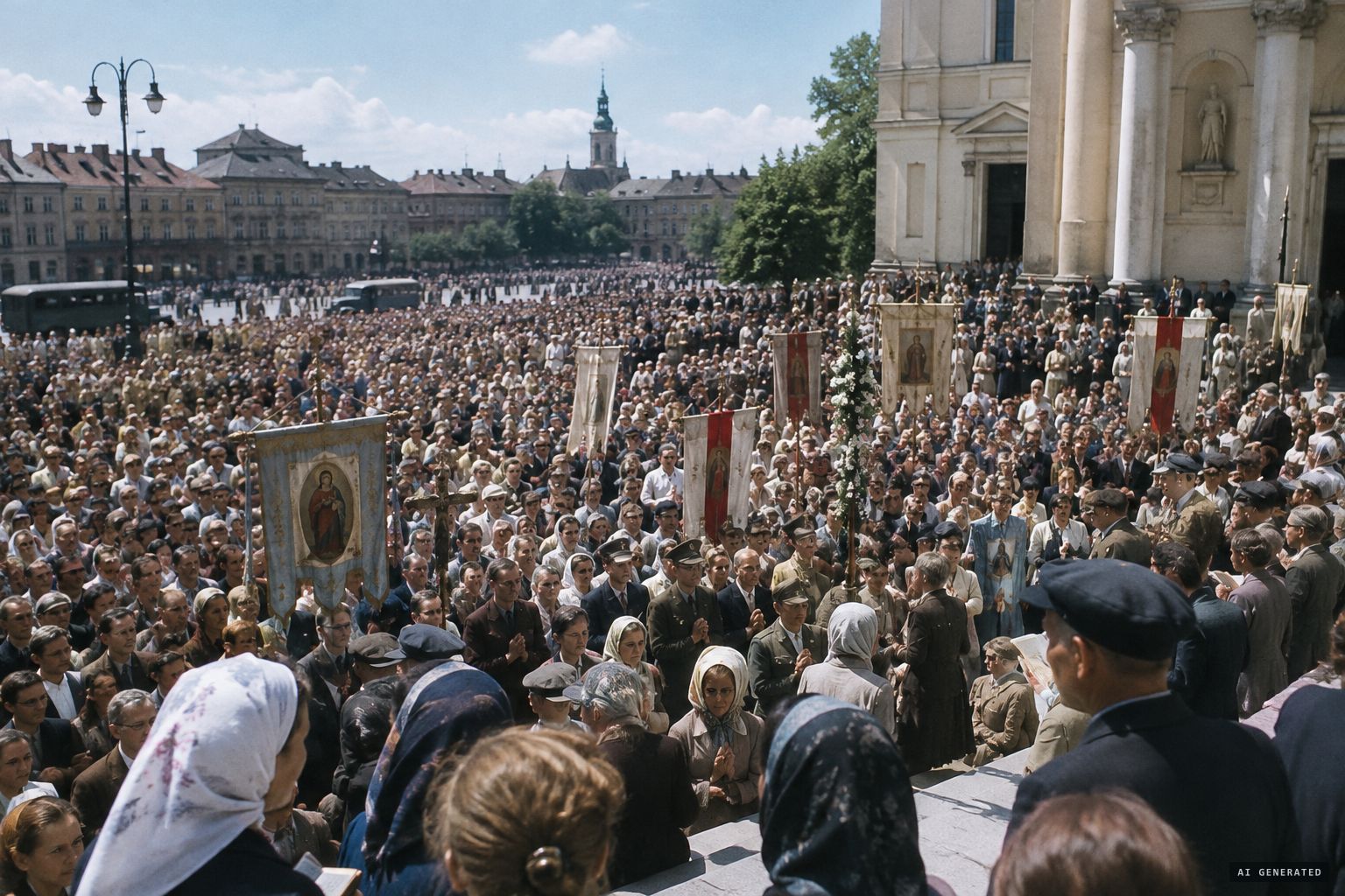 Thousands of pilgrims fill the cathedral square