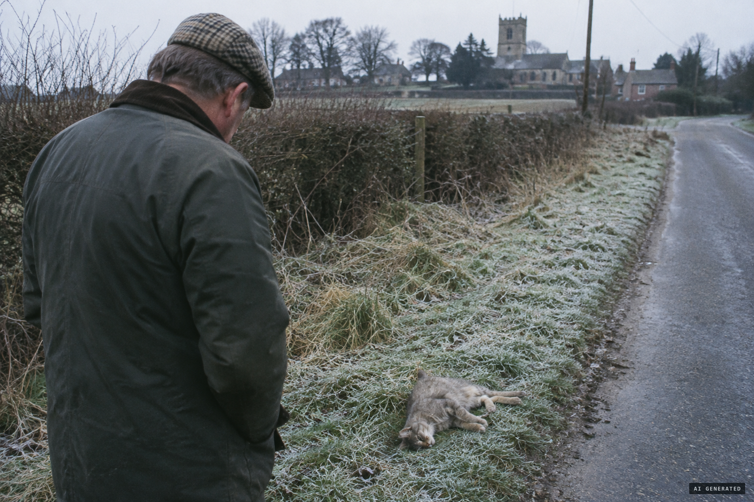 Mr Evans finds a dead cat on the roadside, February 1989