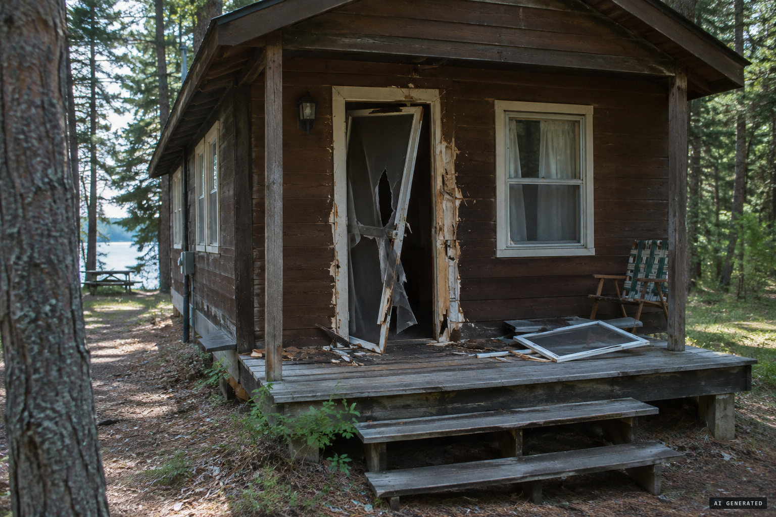 The ripped screen, torn molding and chewed door frame near Luther